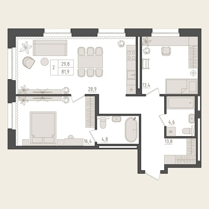 Планировка: 2-комнатная, 81,9 м²