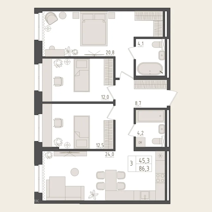 Планировка: 3-комнатная, 86,3 м²