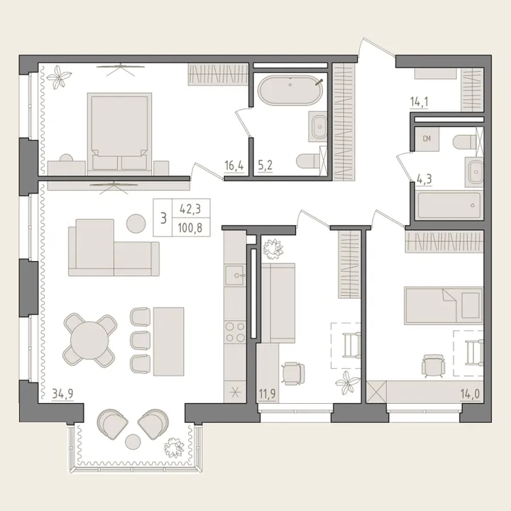 Планировка: 3-комнатная, 100,8 м²