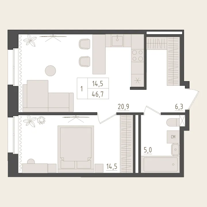 Планировка: 1-комнатная, 46,7 м²
