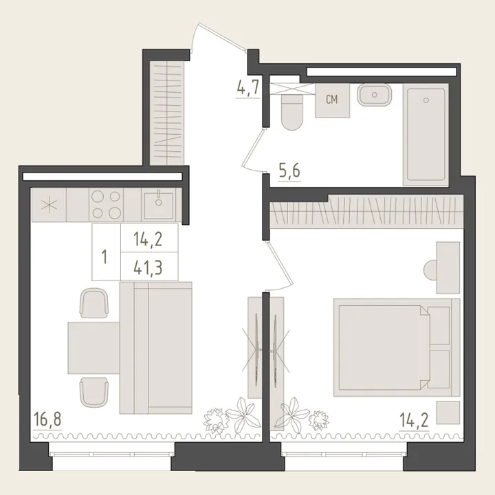 Планировка: 1-комнатная, 41,3 м²