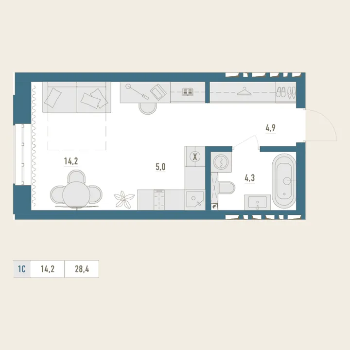 Планировка: 1-комнатная, 28,4 м²
