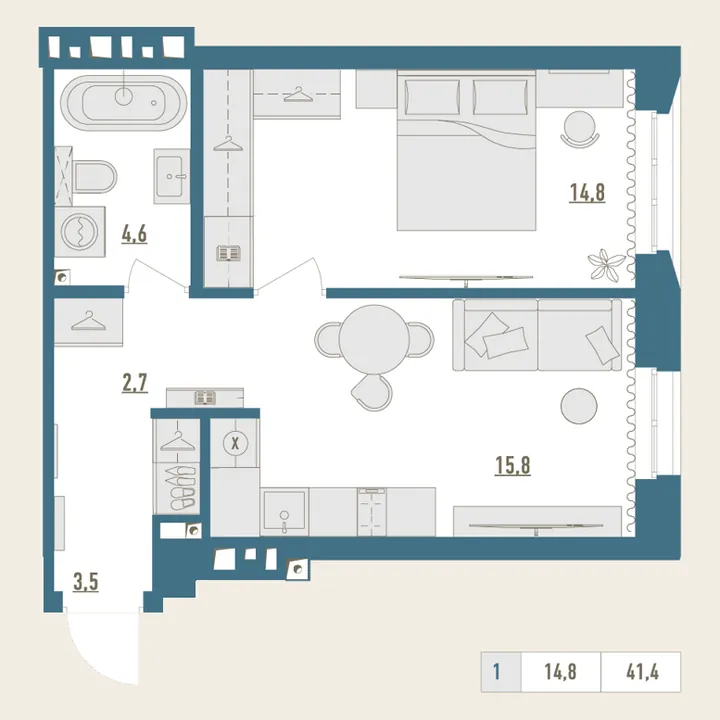 Планировка: 1-комнатная, 41,4 м²
