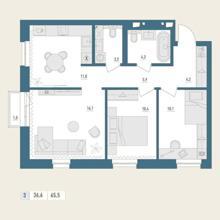 Планировка: 3-комнатная, 65,5 м²