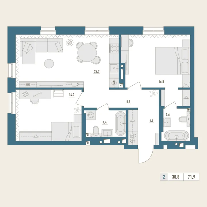 Планировка: 2-комнатная, 71,9 м²