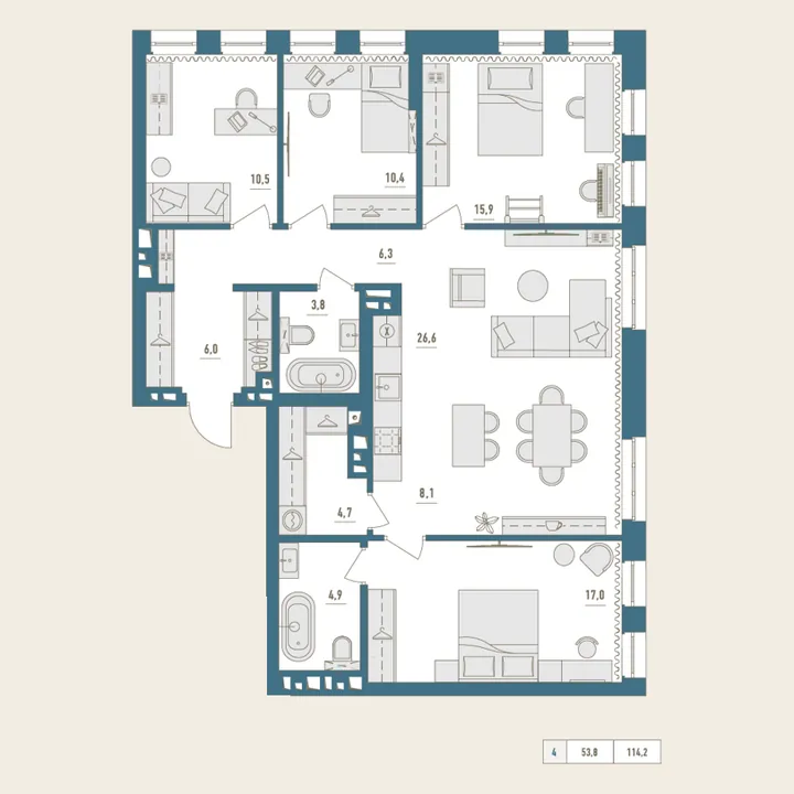 Планировка: 4-комнатная, 114,2 м²