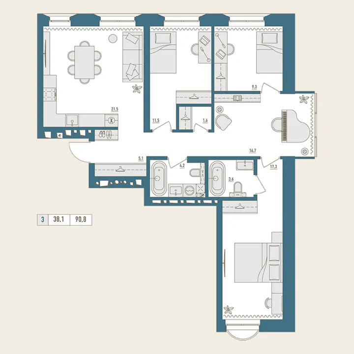 Планировка: 3-комнатная, 90,8 м²