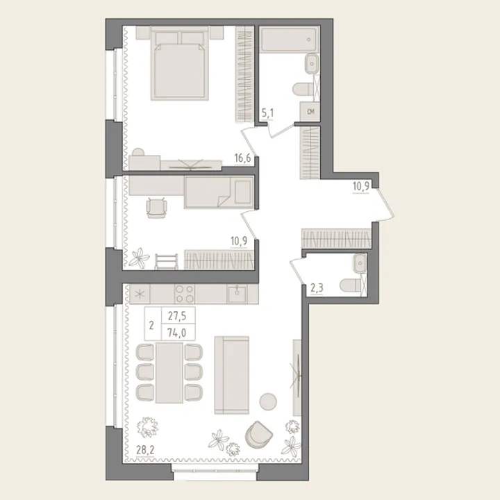 Планировка: 2-комнатная, 74 м²