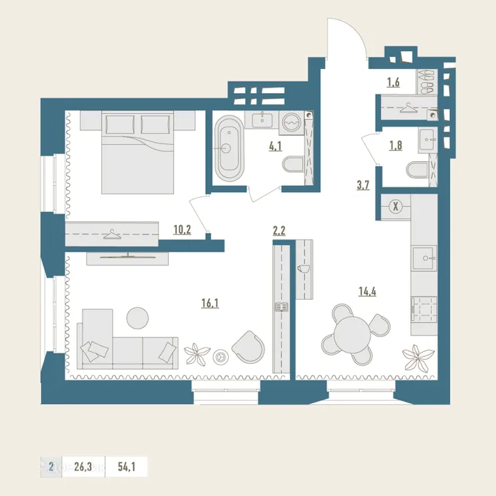 Планировка: 2-комнатная, 54 м²